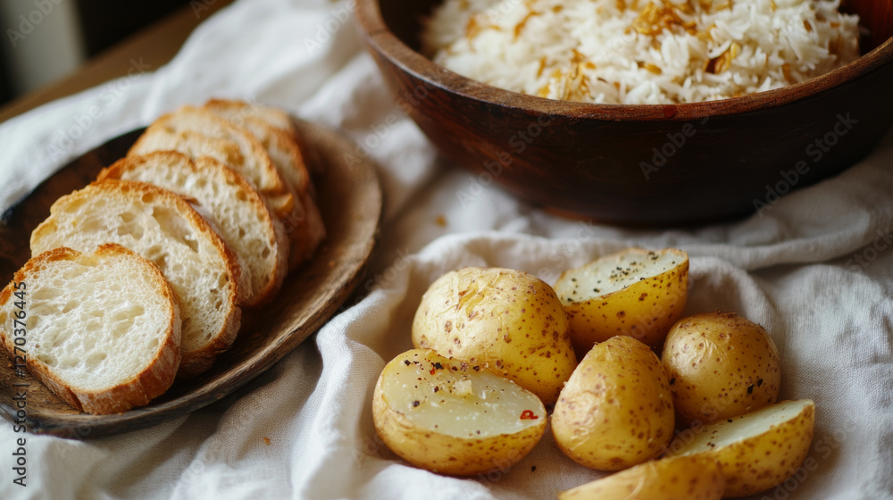 Freshly cooked rice served with roasted potatoes and sliced bread, creating comforting and hearty meal. warm colors and textures evoke sense of home and satisfaction Freshly cooked rice served with roasted potatoes and sliced bread, creating comforting and hearty meal. warm colors and textures evoke sense of home and satisfaction