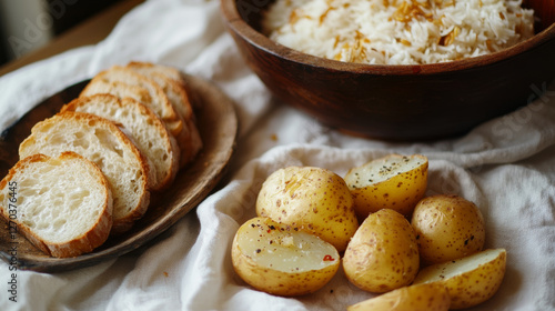 Wallpaper Mural Freshly cooked rice served with roasted potatoes and sliced bread, creating comforting and hearty meal. warm colors and textures evoke sense of home and satisfaction Torontodigital.ca