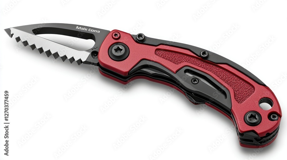 Fototapeta premium Red and Black Folding Pocket Knife with Serrations