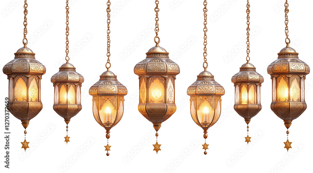 PNG, Ramadan, lanterns on chains, isolated on white background, created with Generative AI technology PNG, Ramadan, lanterns on chains, isolated on white background, created with Generative AI technology