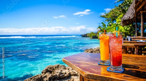 Two tropical cocktails on beachside table.