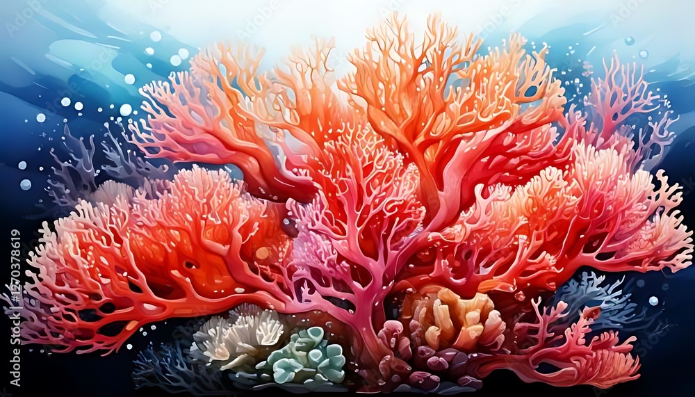 Abstract ocean art shows bright coral in shades of pink and red. Abstract ocean art shows bright coral in shades of pink and red.