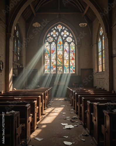 An abandoned church with broken stained glass windows, illuminated by soft sunlight streaming through