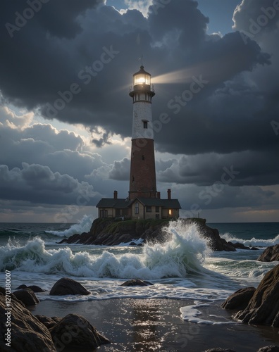 An old lighthouse stands tall amidst crashing waves and dark storm clouds