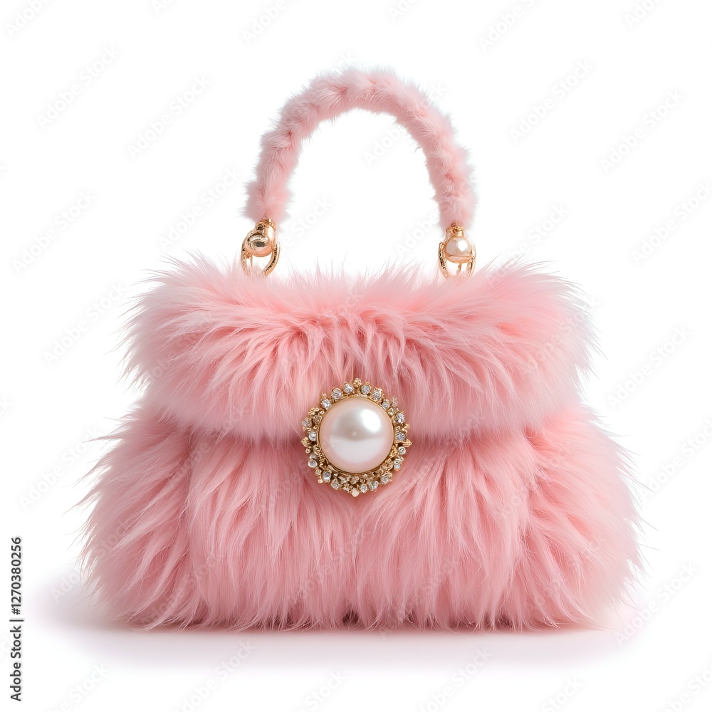 pink fur women's bag with extra long pile on white background pink fur women's bag with extra long pile on white background