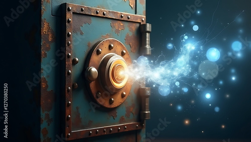 A heavy steel safe cracked open, but instead of money, glowing orbs of light emerge, symbolizing unlocked creativity, innovation, and hidden potential. photo