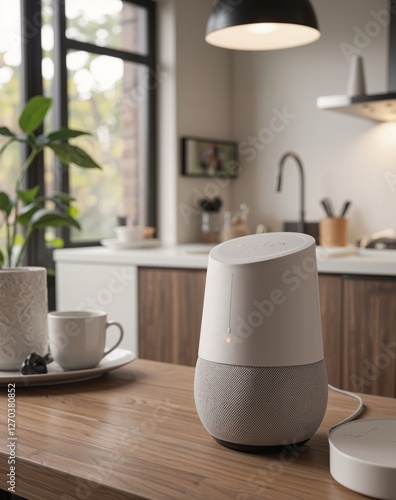 A 3D rendering of a voice assistant device on a table, with a blurred background of a modern kitchen