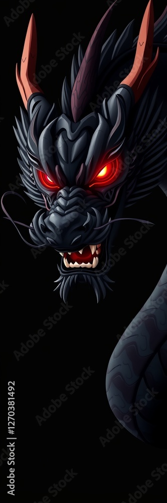 Obraz premium Mysterious Black Dragon with Fiery Red Eyes and Sharp Fangs Exuding an Intimidating Presence