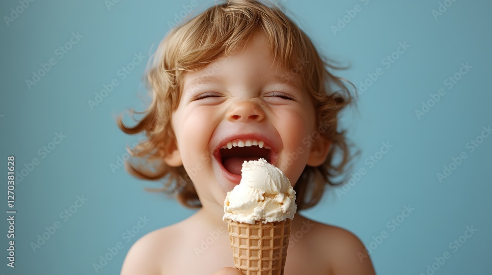 Joyful Child with Ice Cream Cone Laughing on Blue Background Capturing Pure Happiness Joyful Child with Ice Cream Cone Laughing on Blue Background Capturing Pure Happiness