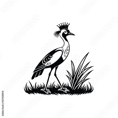 Royal Crested Bird Silhouette Standing on Grass – Vector Art
