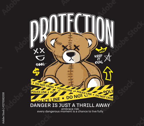 protection slogan with bear doll  with warning yellow tape vector illustration on black background