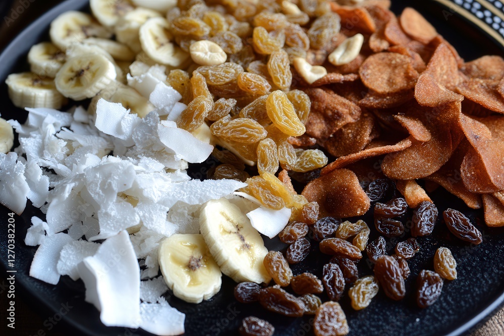 Fototapeta premium Delightful assortment of healthy snacks featuring dried banana chips, coconut flakes, cashews, and raisins on a stylish black plate. Generative AI