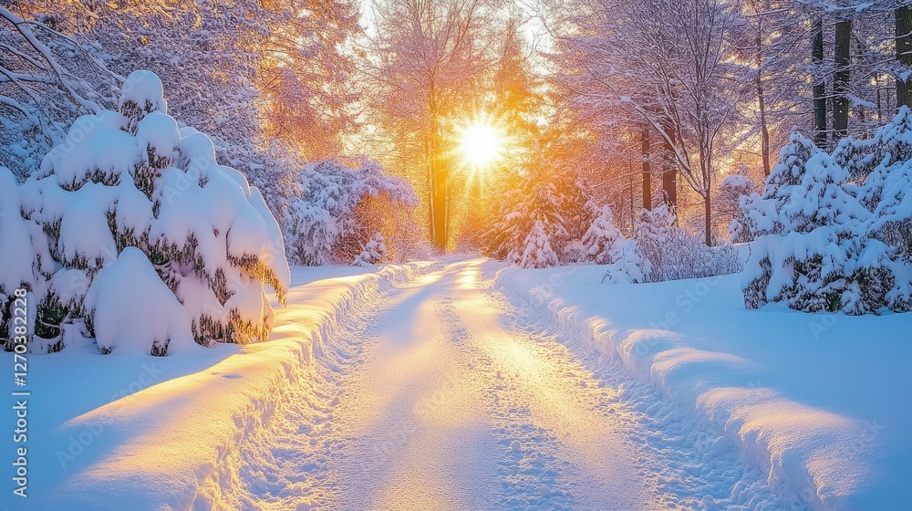 Snowy Path Through Winter Forest Sunset Glow Snowy Path Through Winter Forest Sunset Glow