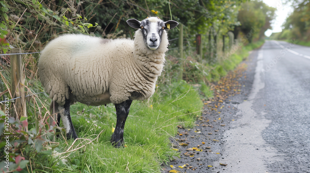 Obraz premium A swale dale sheep by the side of the road 