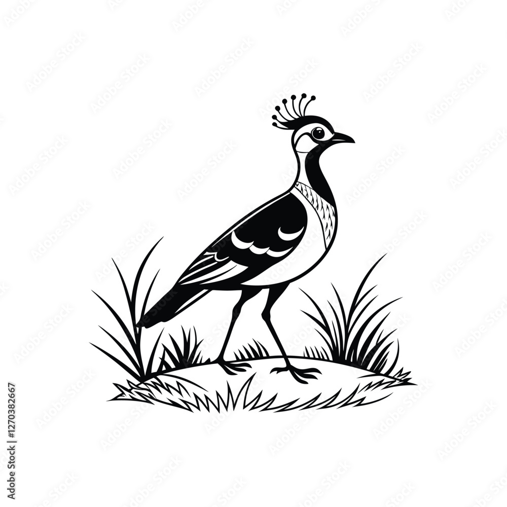 Royal Crested Bird Silhouette Standing on Grass – Vector Art Royal Crested Bird Silhouette Standing on Grass – Vector Art