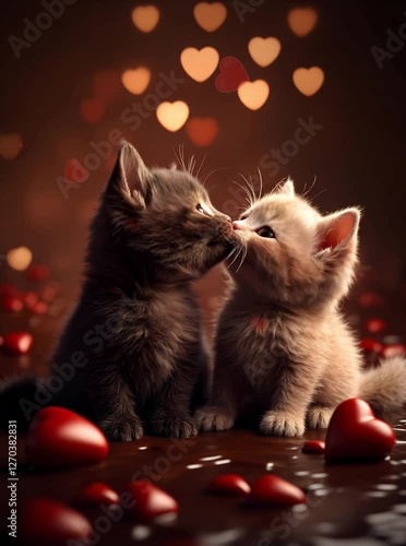 Kittens kissing inside chocolate hearts　ハートのチョコレートの中でキスをする子猫たち