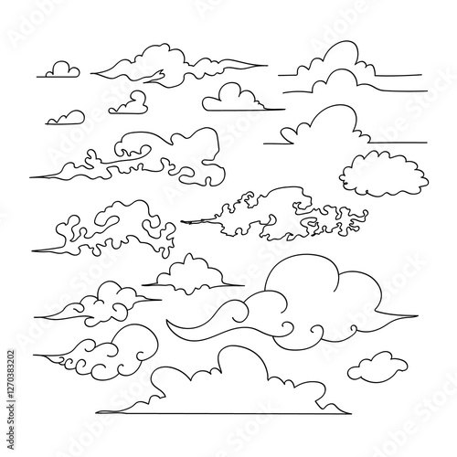 Set of hand drawn clouds in line art style with black lines in png format