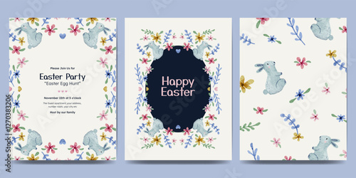 Easter day design with flower frame, easter element watercolor illustration. Easter egg hunt invitation.