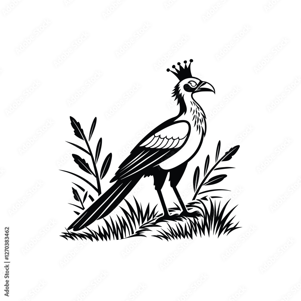Fototapeta premium Royal Crested Bird Silhouette Standing on Grass – Vector Art