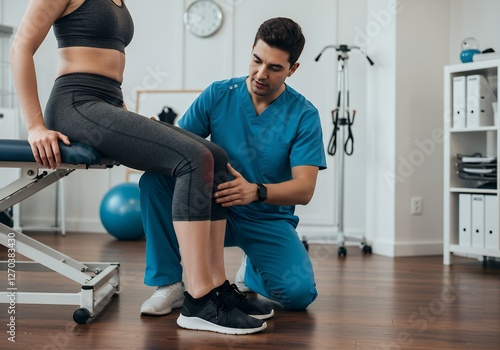 Examining Knee Injury Physical Therapist Assesses Patient's Knee in Clinic