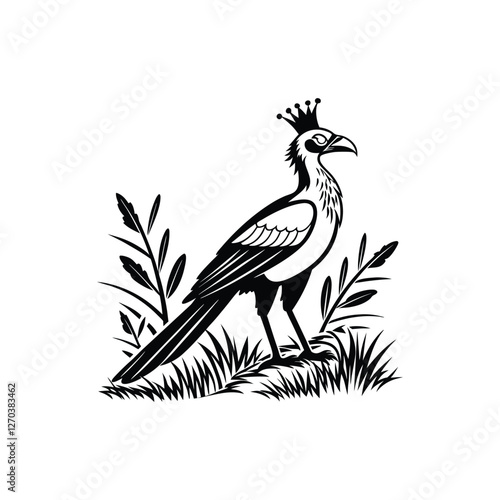 Royal Crested Bird Silhouette Standing on Grass – Vector Art
