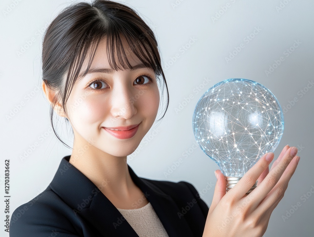 Smiling Woman Holding Glowing Lightbulb Against Gray Background Smiling Woman Holding Glowing Lightbulb Against Gray Background