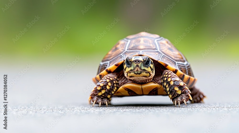 Obraz premium Tortoise crossing path, green background, wildlife