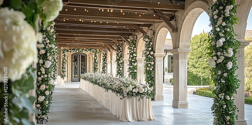 Elegant Wedding Venue with White Flowers and Arched Columns Decor