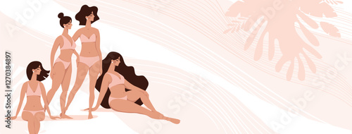 Group of girls in swimsuits copy space background for beauty salon spa, women health and beauty, menstruation and self love banner. Vector banner flat design.