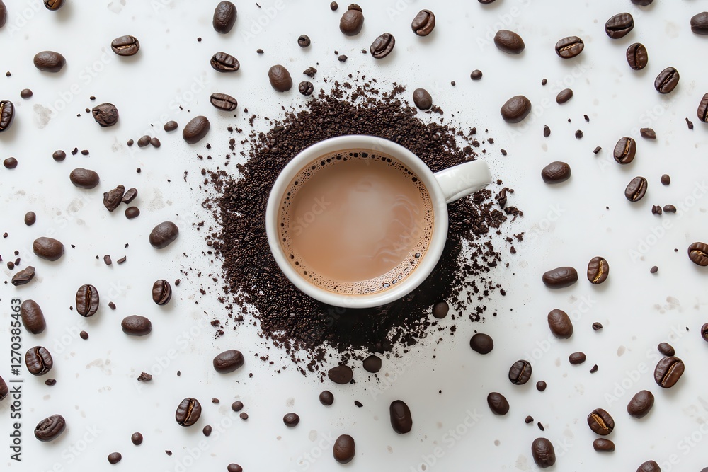 Fototapeta premium Savoring the rich aroma of coffee in an artistic flat lay with grounds and beans on a pure white surface. Generative AI