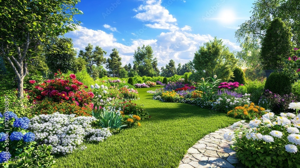 Obraz premium Lush Vibrant Garden Path with Colorful Flowers Under Bright Blue Sky and Fluffy Clouds