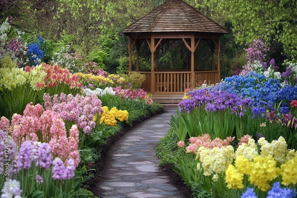 Discover a serene garden path with vibrant spring flowers guiding you to a charming gazebo amid blooming greenery Discover a serene garden path with vibrant spring flowers guiding you to a charming gazebo amid blooming greenery