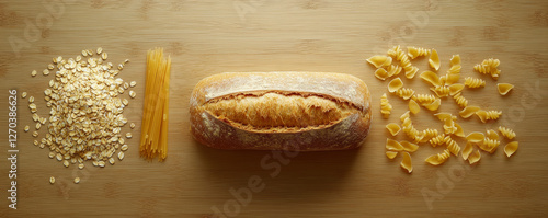 Fresh bread surrounded by various carbohydrate foods like pasta and oats, creating minimalist setup that highlights textures and colors of these staple ingredients photo