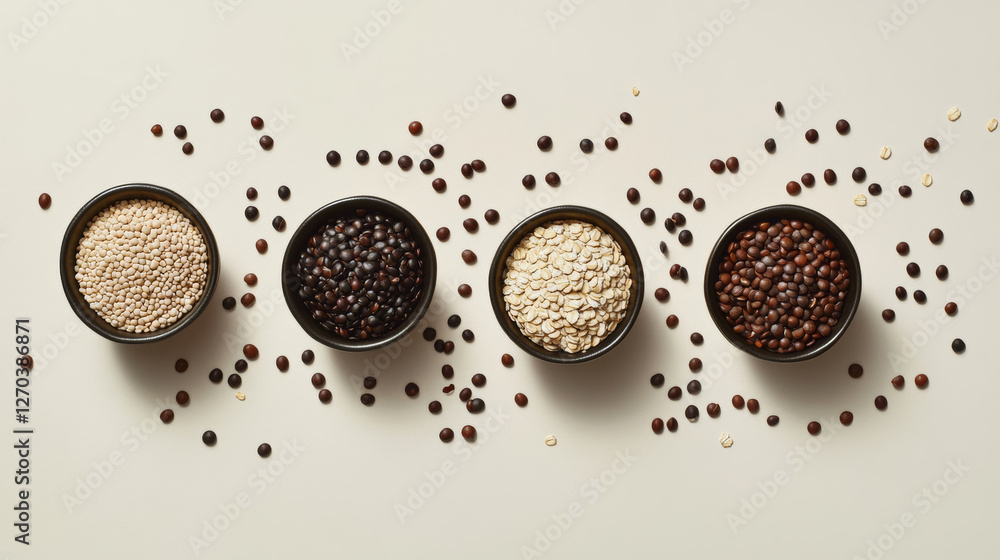 Minimalist setup of lentils, barley, oats, and beans in bowls with scattered seeds. This arrangement highlights natural textures and colors of grains Minimalist setup of lentils, barley, oats, and beans in bowls with scattered seeds. This arrangement highlights natural textures and colors of grains