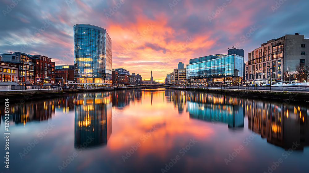 Naklejka premium vibrant cityscape with glass buildings reflecting on river at sunset, showcasing stunning colors and urban architecture