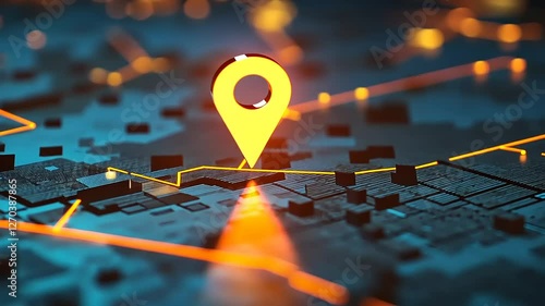 A glowing location pin on a digital map, representing navigation and geolocation services.