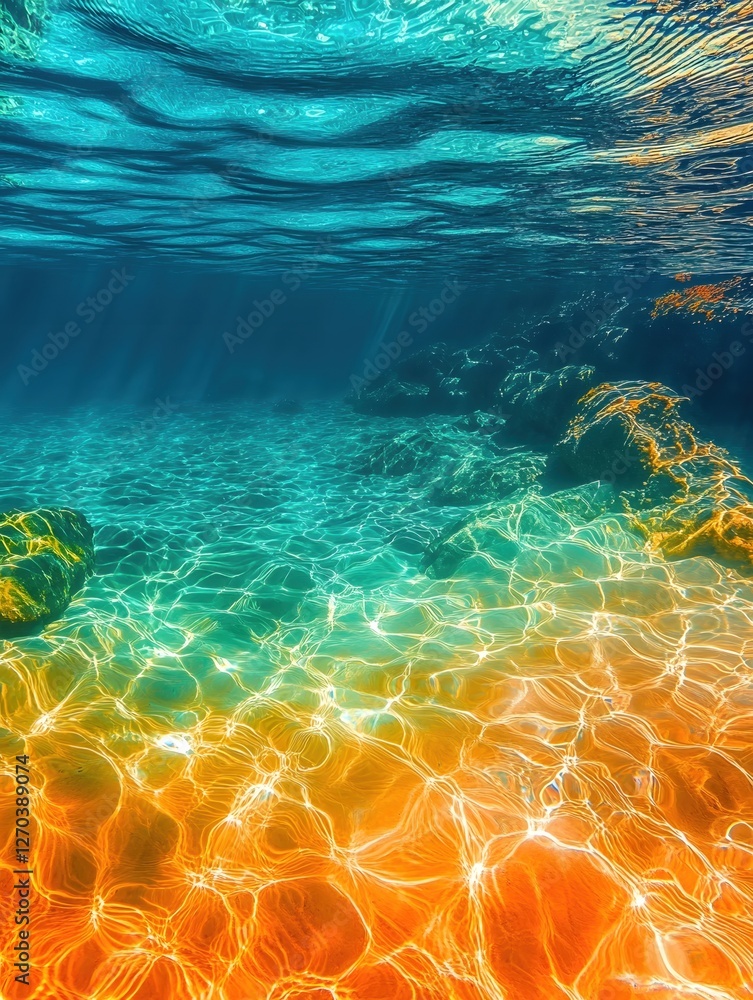 Obraz premium Underwater Scene with Sunlight Filtering Through Clear Turquoise Water and Golden Sand