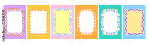 Y2k color scallop wavy frames, retro groovy funky borders featuring curvy colorful edges in shades of purple, yellow, orange, pink and blue. Playful, cheerful templates for invitations, cards, posters