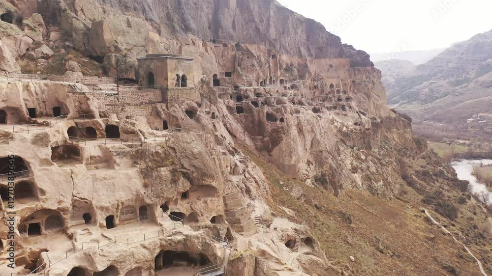 Medieval cave city monastery Vardzia excavated from slopes of Erusheti Mountain Medieval cave city monastery Vardzia excavated from slopes of Erusheti Mountain