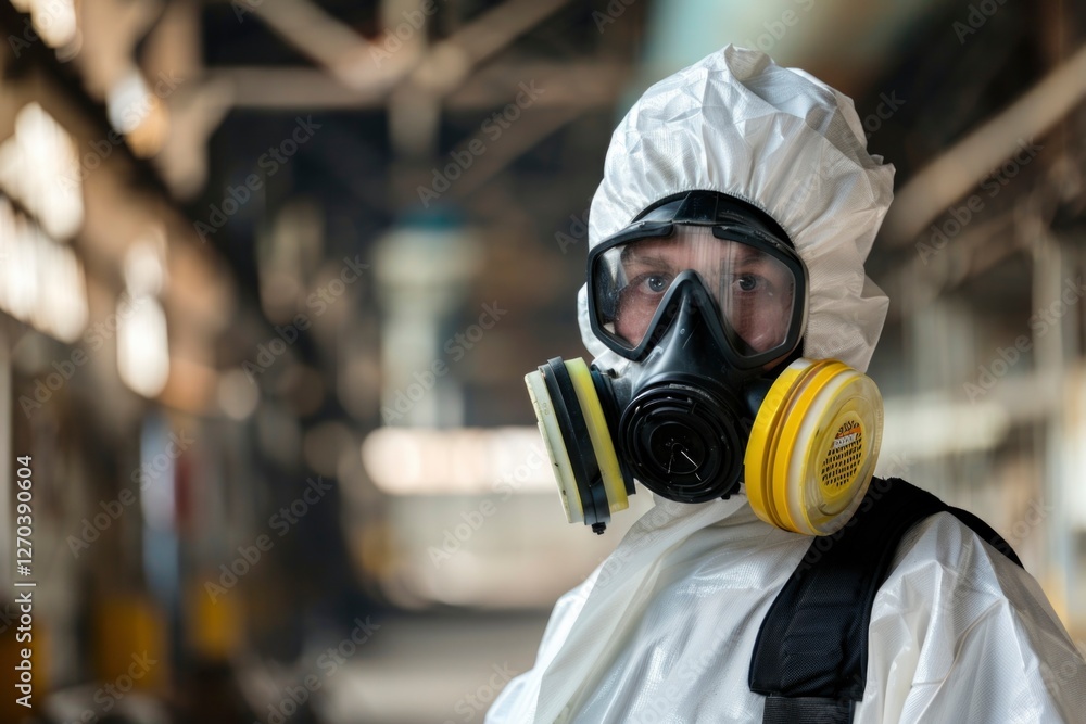 A man in a protective suit and respirator mask stands in a factory A man in a protective suit and respirator mask stands in a factory