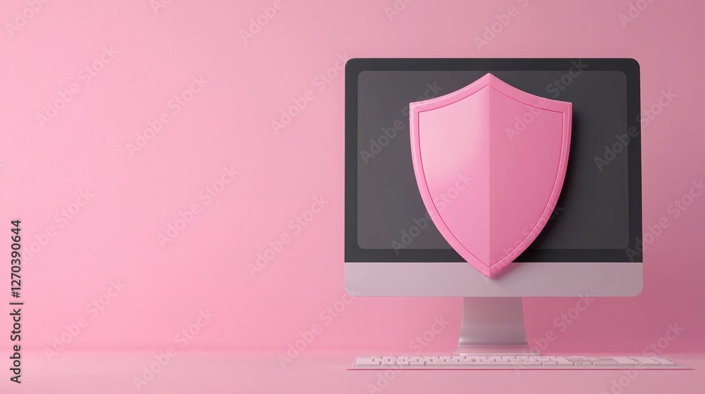 Remote work requires strong security for freelancers concept. Computer monitor with a pink shield on a pink background. Remote work requires strong security for freelancers concept. Computer monitor with a pink shield on a pink background.