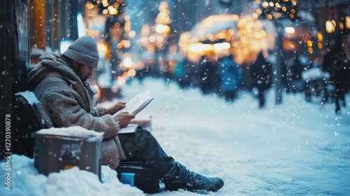 Homeless man reading book, snowy city street, Christmas lights, winter photo