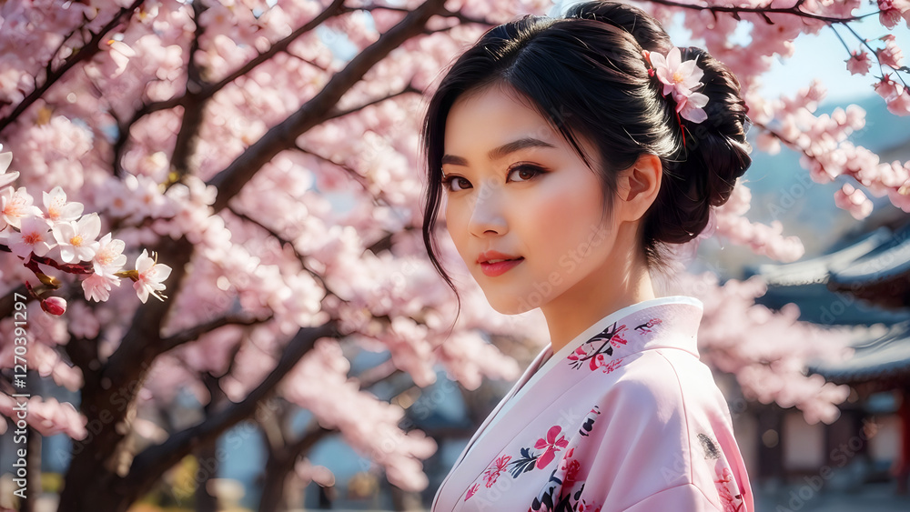 Portrait of Japanese girl in kimono with cherry blossoms. Abstract blurry background. Portrait of Japanese girl in kimono with cherry blossoms. Abstract blurry background.