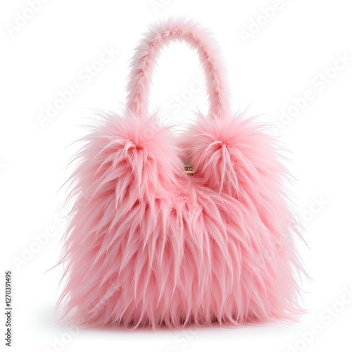 pink fur women's bag with extra long pile on white background