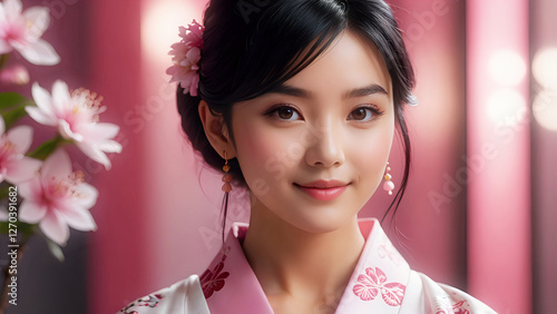 Portrait of Japanese girl in kimono with cherry blossoms. Abstract blurry pink background.