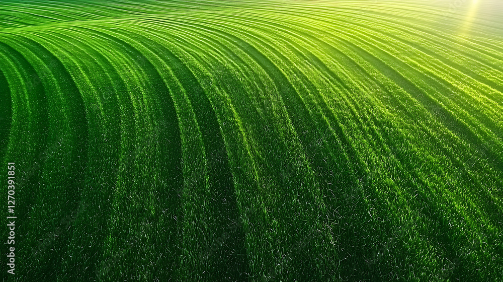 Lush green grass field with distinct patterns and sunlight creating serene atmosphere Lush green grass field with distinct patterns and sunlight creating serene atmosphere