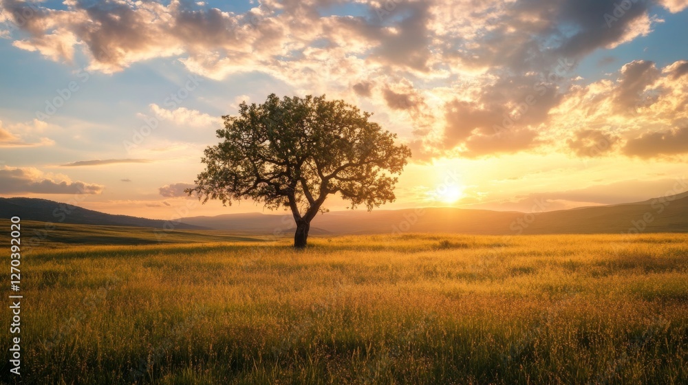 Silhouette of a lone tree against a fiery sunset sky Silhouette of a lone tree against a fiery sunset sky