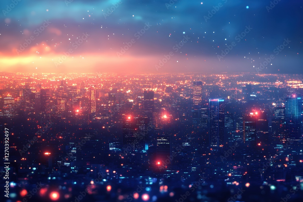 Glowing Cityscape at Twilight with Warm Light and Dark Blue Sky Above the Skyline Glowing Cityscape at Twilight with Warm Light and Dark Blue Sky Above the Skyline