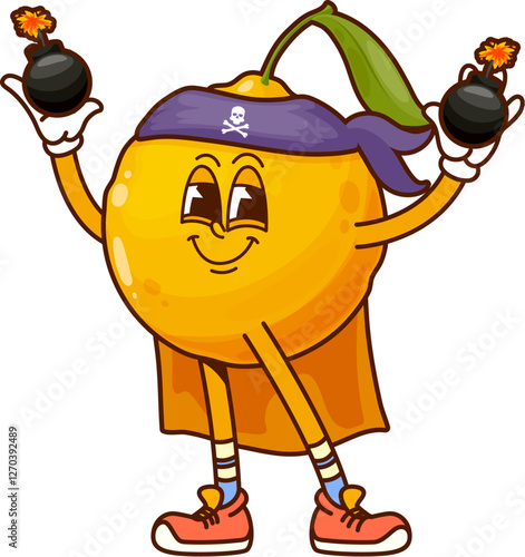 Cartoon groovy orange fruit pirate and corsair character in bandana holding bombs, evoking fun and adventurous retro vibes. Isolated vector tropical citrus fruit personage engages in rover adventure