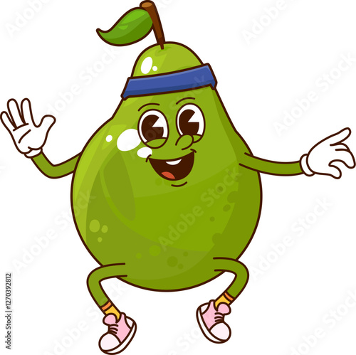 Cartoon funny groovy green pear fruit character cheerfully jumping. Isolated vector garden plant, healthy food retro personage with expressive face, headband and sneakers, exuding hippie summer vibes